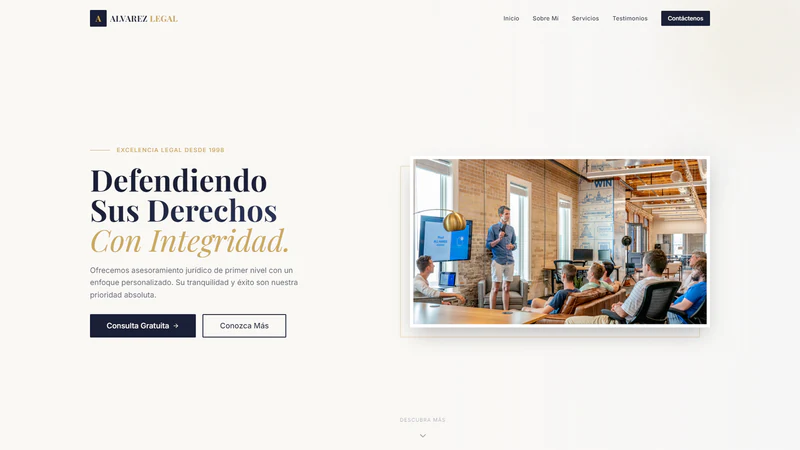 Inicio de la muestra Álvarez Legal con diseño claro y tipografía editorial