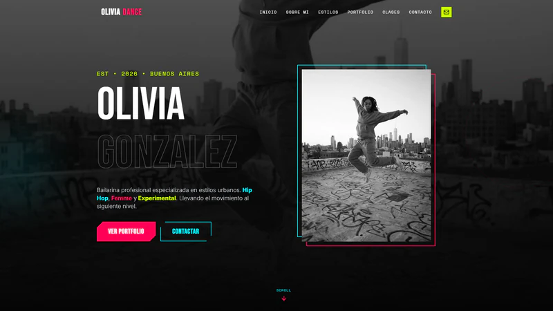 Portfolio de Olivia Dance con fotografía en blanco y negro y acentos de color