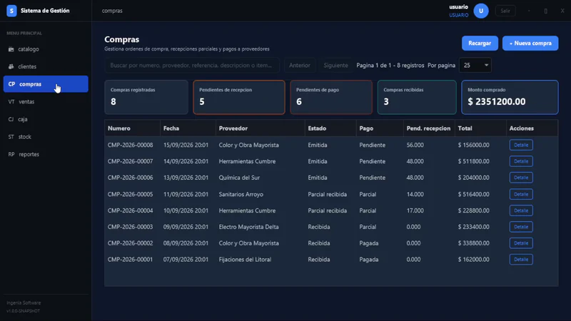 Captura del módulo Compras del sistema multimódulo de Ingenia
