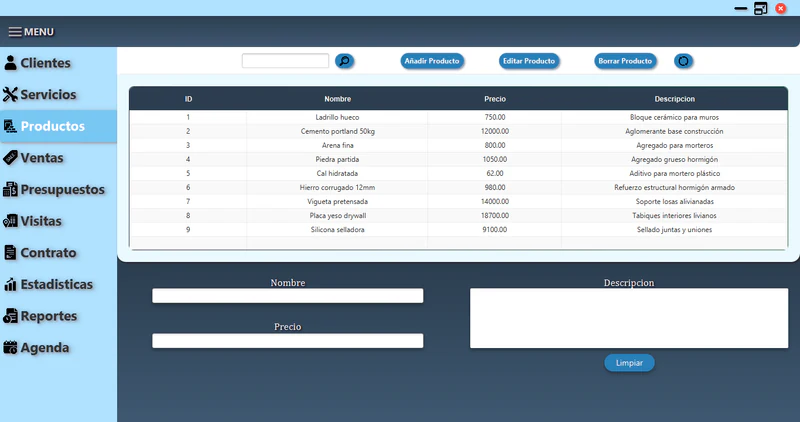 Listado de productos y materiales en el sistema de escritorio Newblock