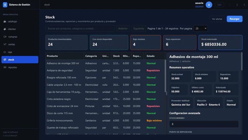 Captura del módulo Stock del sistema multimódulo de Ingenia