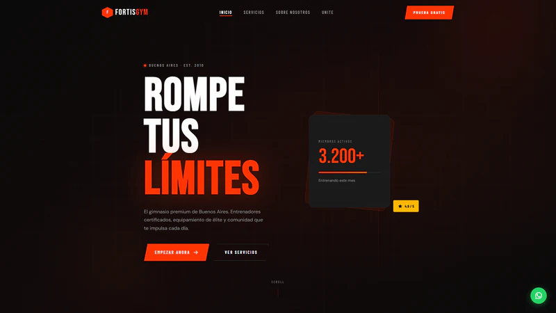 Web de Fortis Gym con tipografía condensada, fondo oscuro y acentos naranjas