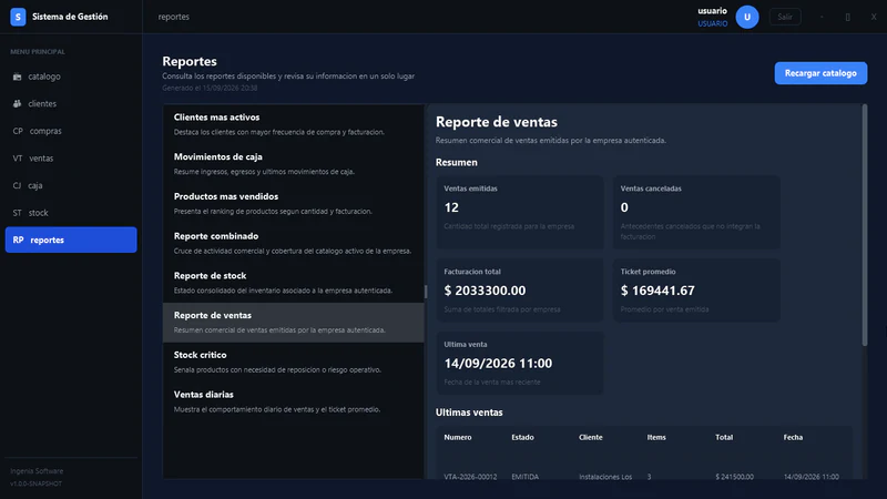 Captura del módulo Reportes del sistema multimódulo de Ingenia