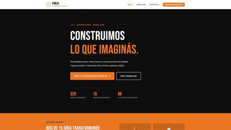 Inicio de Forja Construcciones con tipografía de gran tamaño y acento naranja