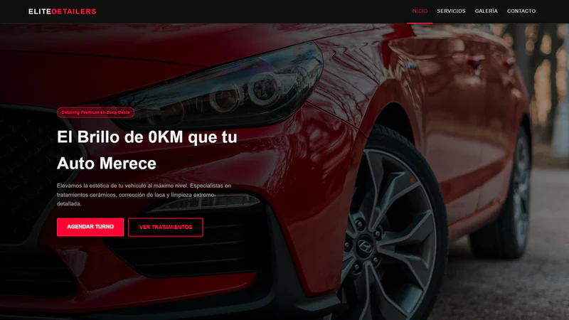 Web de Elite Detailers con fotografía de un vehículo y acentos rojos